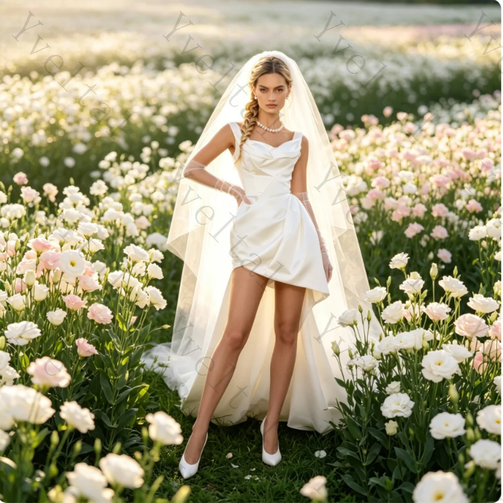 Customized Graceful Dignified Temperament Short Satin  Ruched Sleeveless Wedding Dresses Spaghetti Straps Charming Bridal Gown