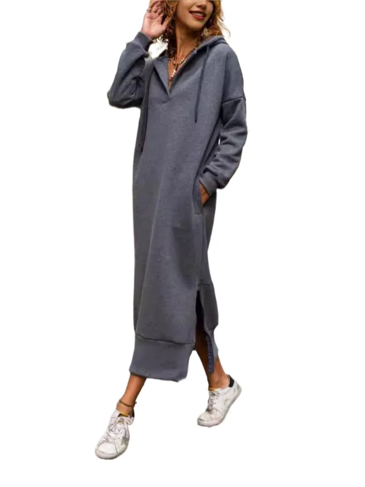 

Casual Hooded Dress For Women Fashion V Neck Long Sleeve Pockets Pullover Loose Dresses Robe Femme Holiday Streetwear Clothes