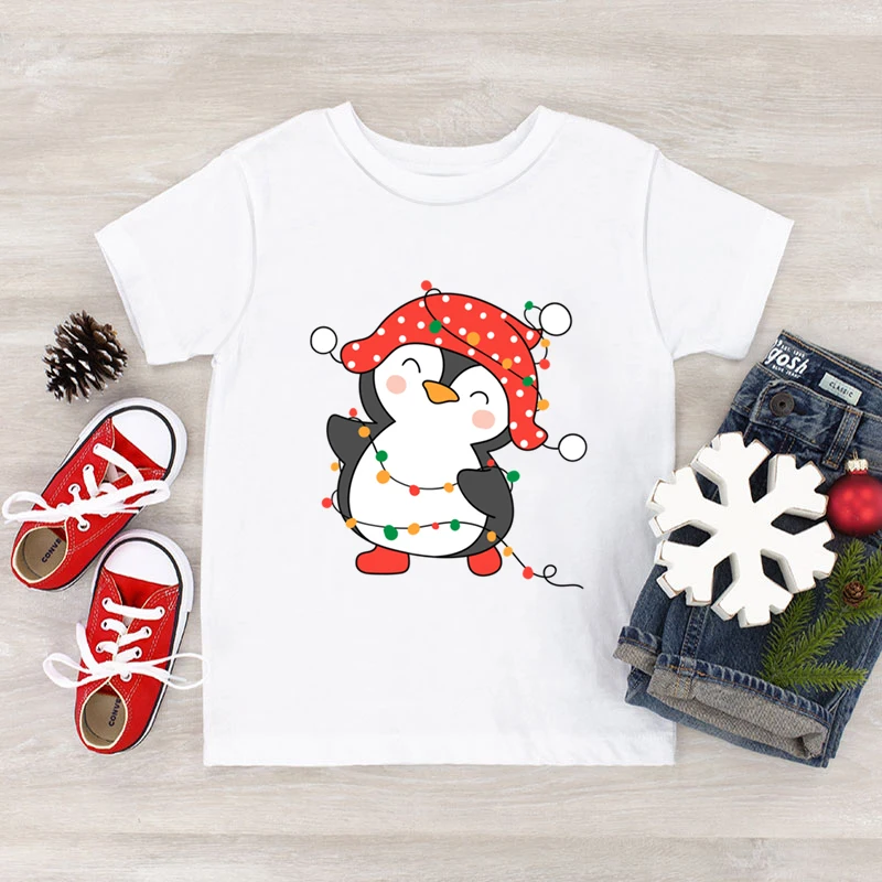 Hot Selling Christmas Penguin Cartoon Print Kids T Shirts Short Sleeve Personality Shirt Funny Cute Penguin Xmas Tshirt Boy Girl