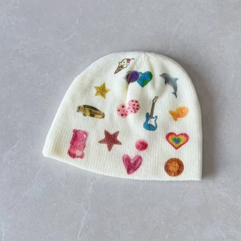 Japanese Subculture Cute Design Knitted Hats Autumn Winter New Kawaii Graffiti Printed Hat Lady Street Sweet Knitted Hat