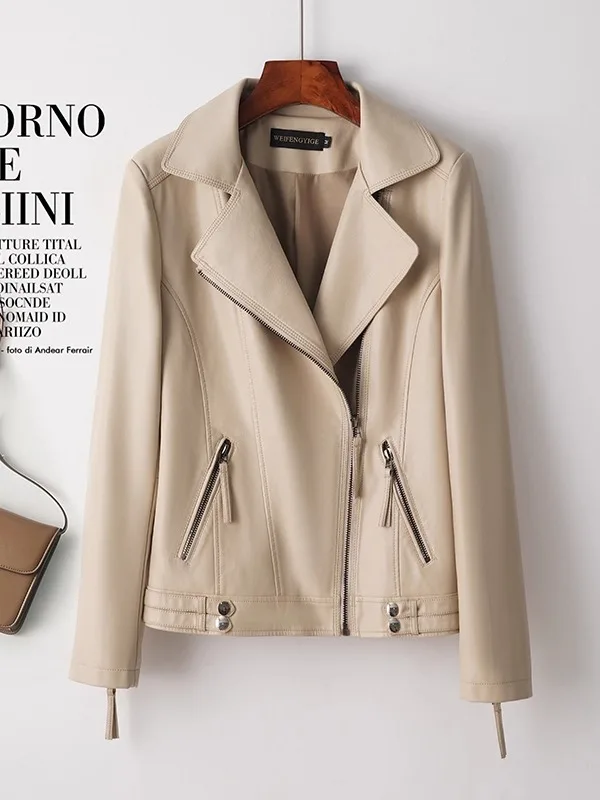   Ning 本革ジャケット レディース ショートスリーブ 2025 新作 春秋 スリムフィット シープスキン レザーコート スタンドカラー Sma...