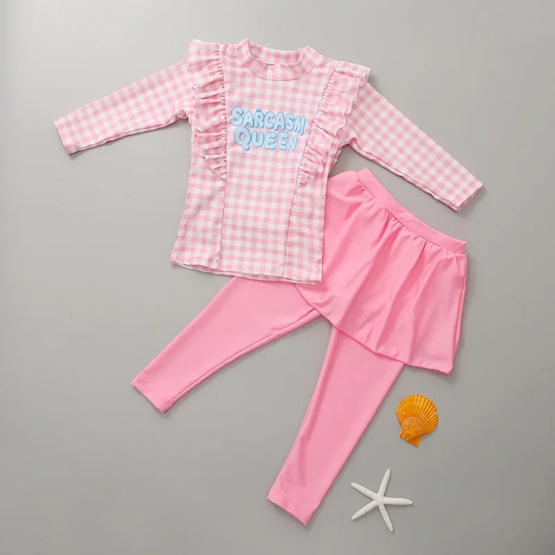 Girls swimwear Sun protection Quick drying Girls Long sleeved pants Swimwear Children swimwear Plaid Print  Korea Style Suit