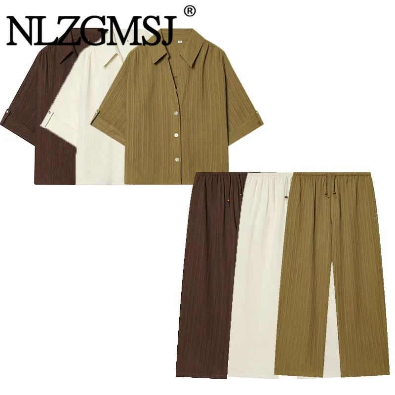Nlzgmsj 2026 Nouvelle Collection Printemps – Ensemble Loungewear Élégant 2 Pièces pour Femme : Chemise Boutonnée à Manches Courtes et Pantalon Large pour l'Été