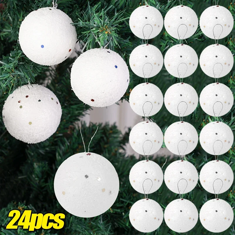 6/24Pcs White Christmas Balls Round Foam Snow Ball Ornaments Xmas Tree Hanging Pendant New Year Party Home Decoration Navidad