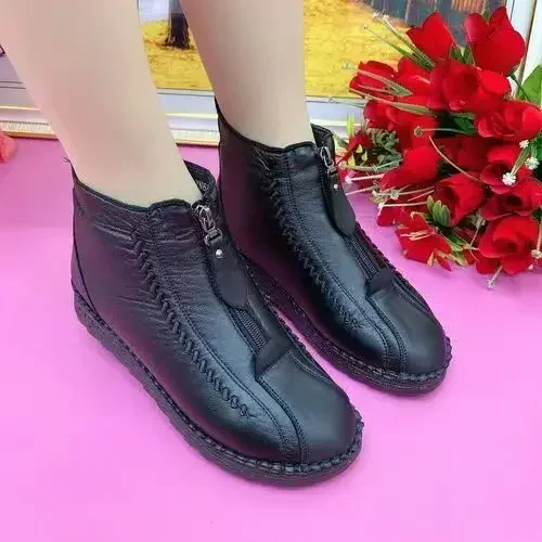 Warm Women\'s Boots Winter Women Leather Shoes Zipper Ankle Woman Boots  Round Toe Flats Plush Snow Ankle Boots Bottine Femme 202