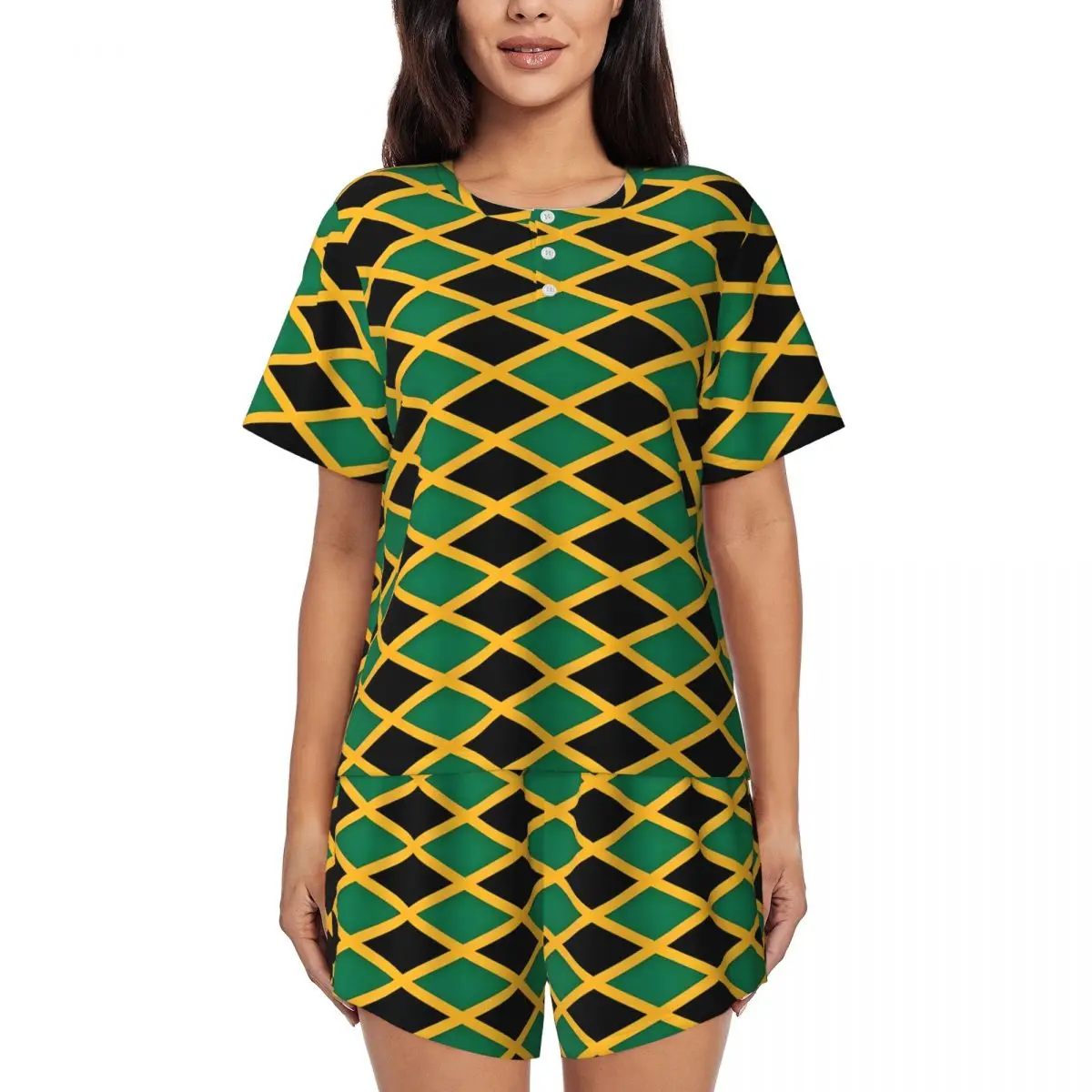 

Jamaican Flag Pajamas Women Yellow And Green Fashion Home Suit Daily Short-Sleeve 2 Pieces Casual O Neck Graphic Pajamas Set
