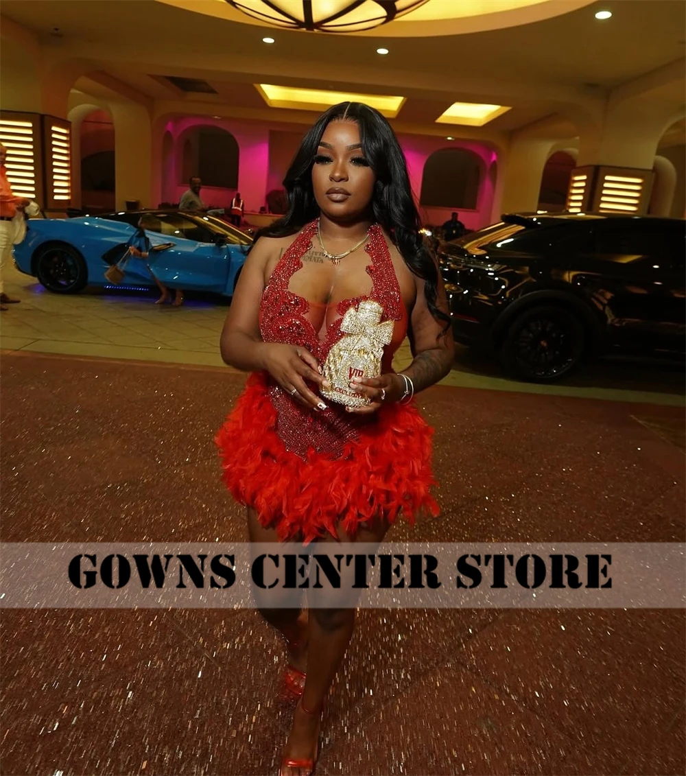 Masked Ball Red Feathers Crystals Halter Prom Dresses For Black Girls African Mermaid Birthday Evening Party Gown Customized