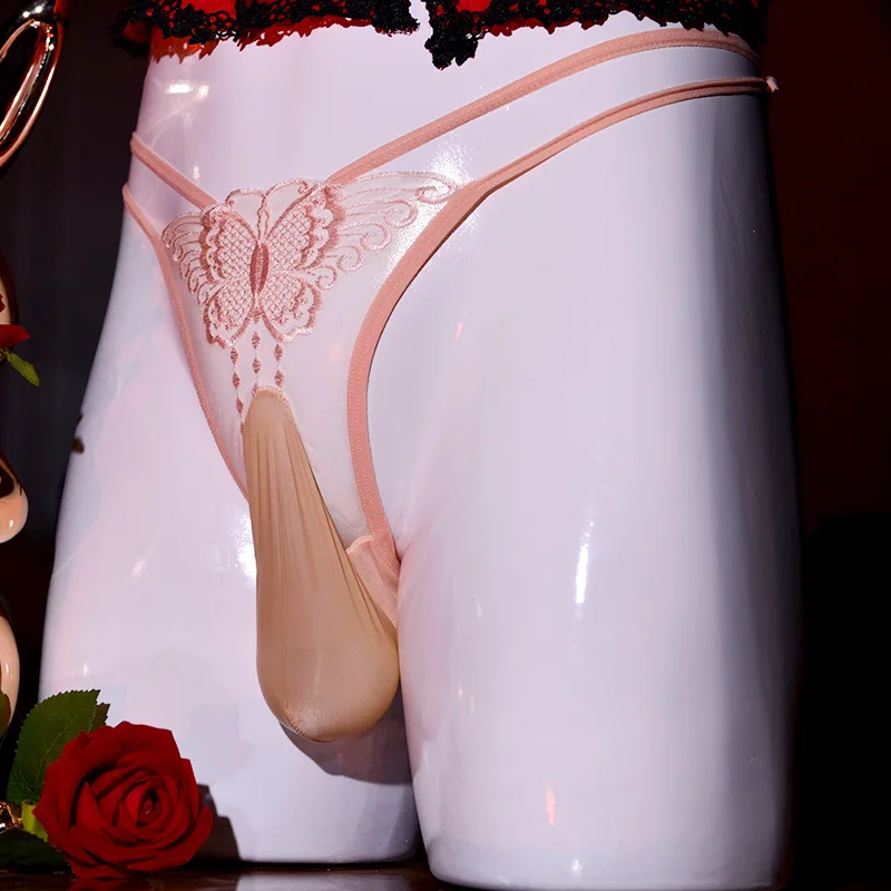 

Men's Hollow Out UnderwearjjSet of Nude Lace Low Waist Embroidered Butterfly Hot Temptation Transparent Sexy Plus Size Triangle