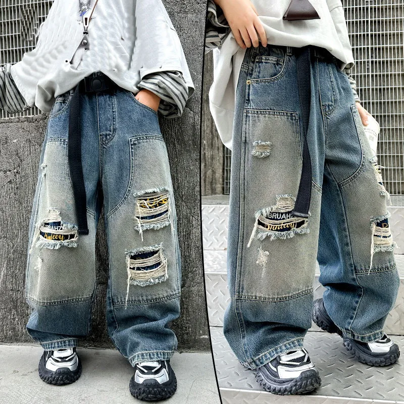Boys Street Style Ripped Baggy Jeans With Holes Kids Fashion Broken Denim Pants Children's Trousers with Patchwork Design