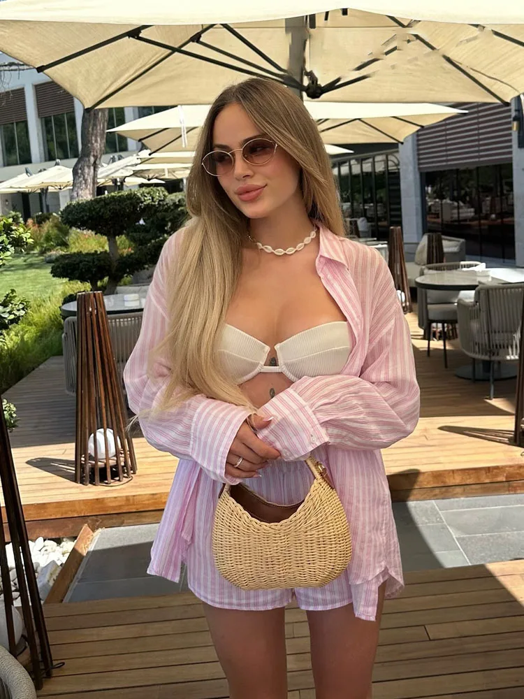 HH Woman\'s Fashion Suits Stripe Turn Down Collar Long Sleeves Single-Breasted Shirts+High Waist Pocket Shorts Female Sets