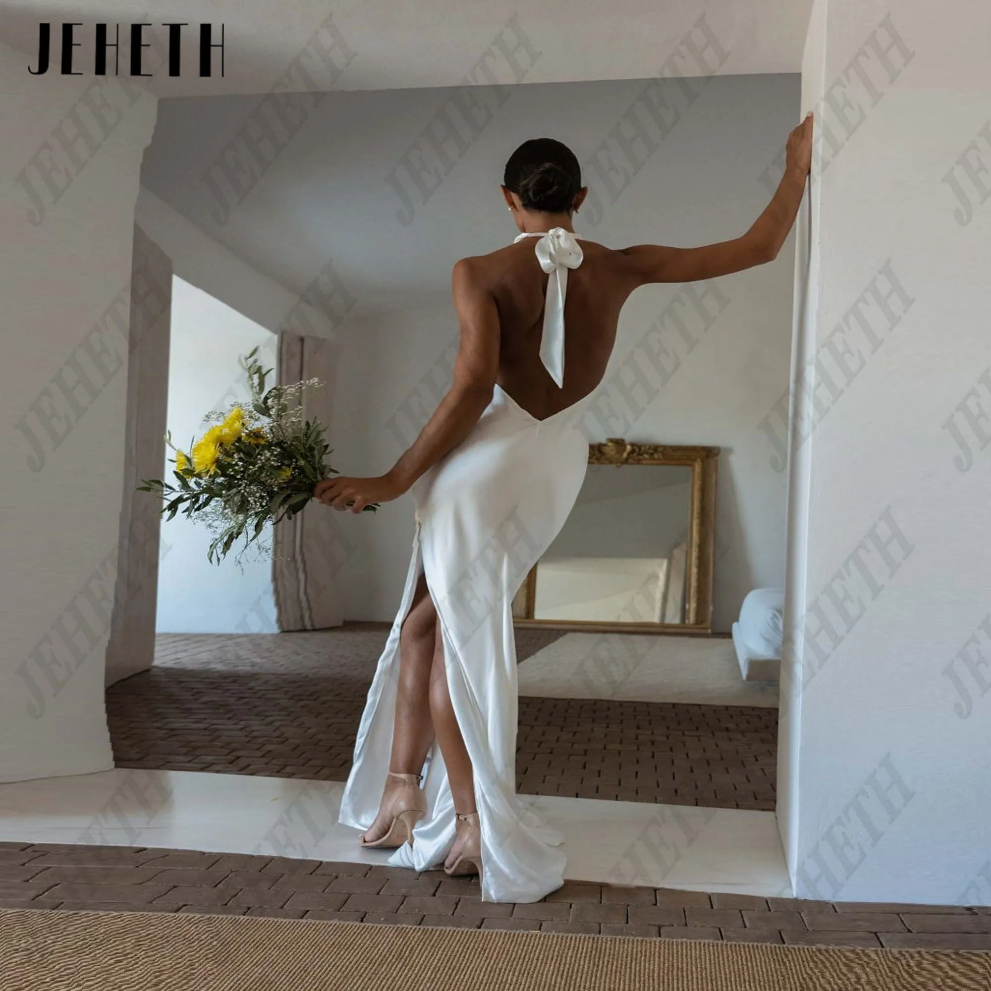JEHETH-vestido de novia sencillo de sirena, sin mangas, con cuello Halter, satén, espalda abierta, abertura lateral alta, largo hasta el suelo, personalizado Jeheth tirantes sin mangas sencillas sirenas vestidos de nov