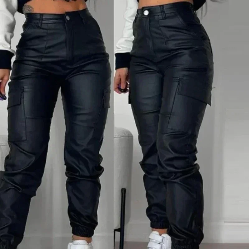 Y2K Vintage Women Elegant Harajuku Streetwear Black Cargo Pants Motorcycle Pu Leather High Waist Harem Jogger Trousers Clothes