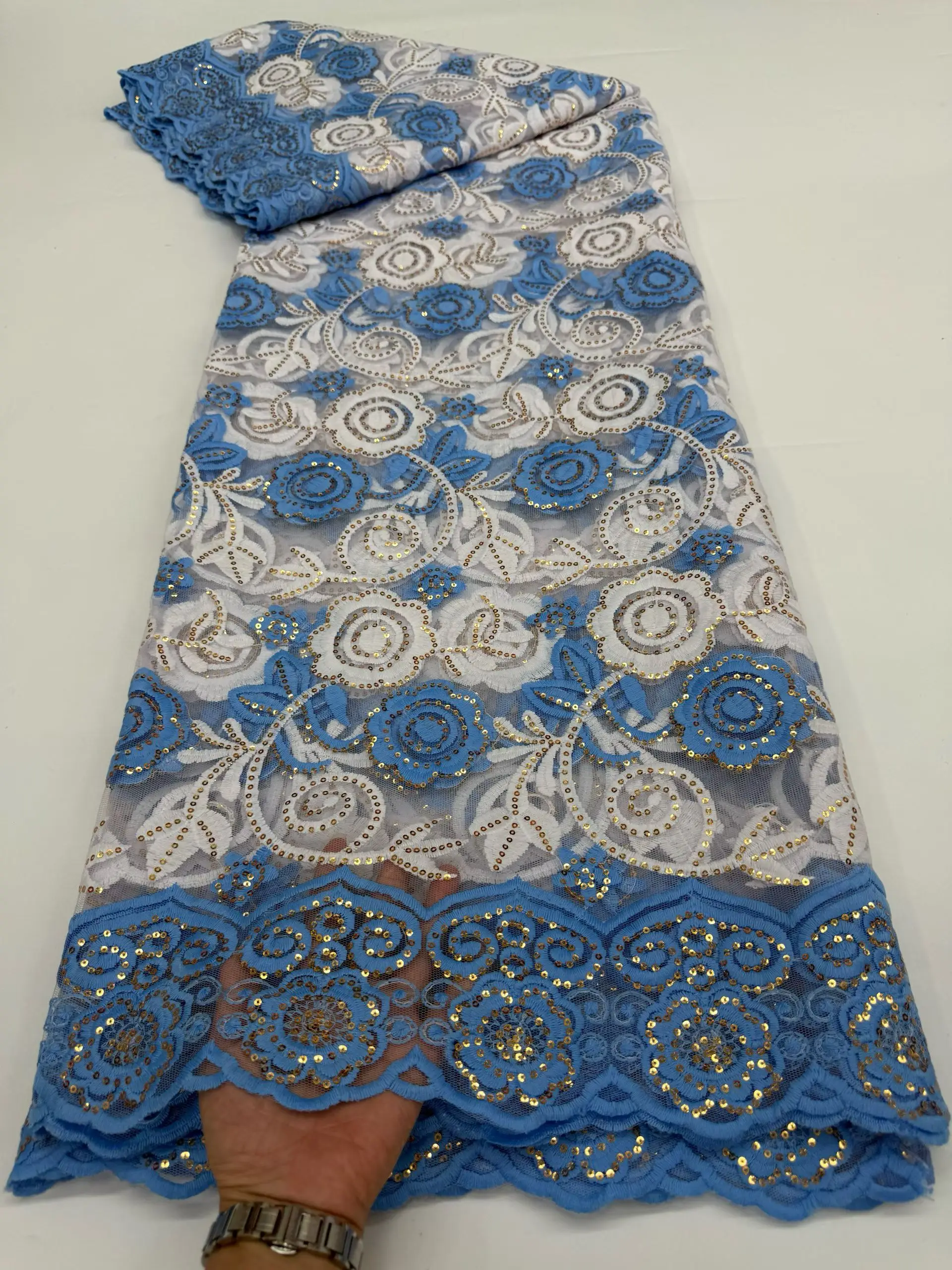 

Новейшая небесно-голубая, белая молочная шелковая африканская нигерийская кружевная ткань с блестками, 2022, французский гипюровый шнур, кружевная ткань для платья KR25151