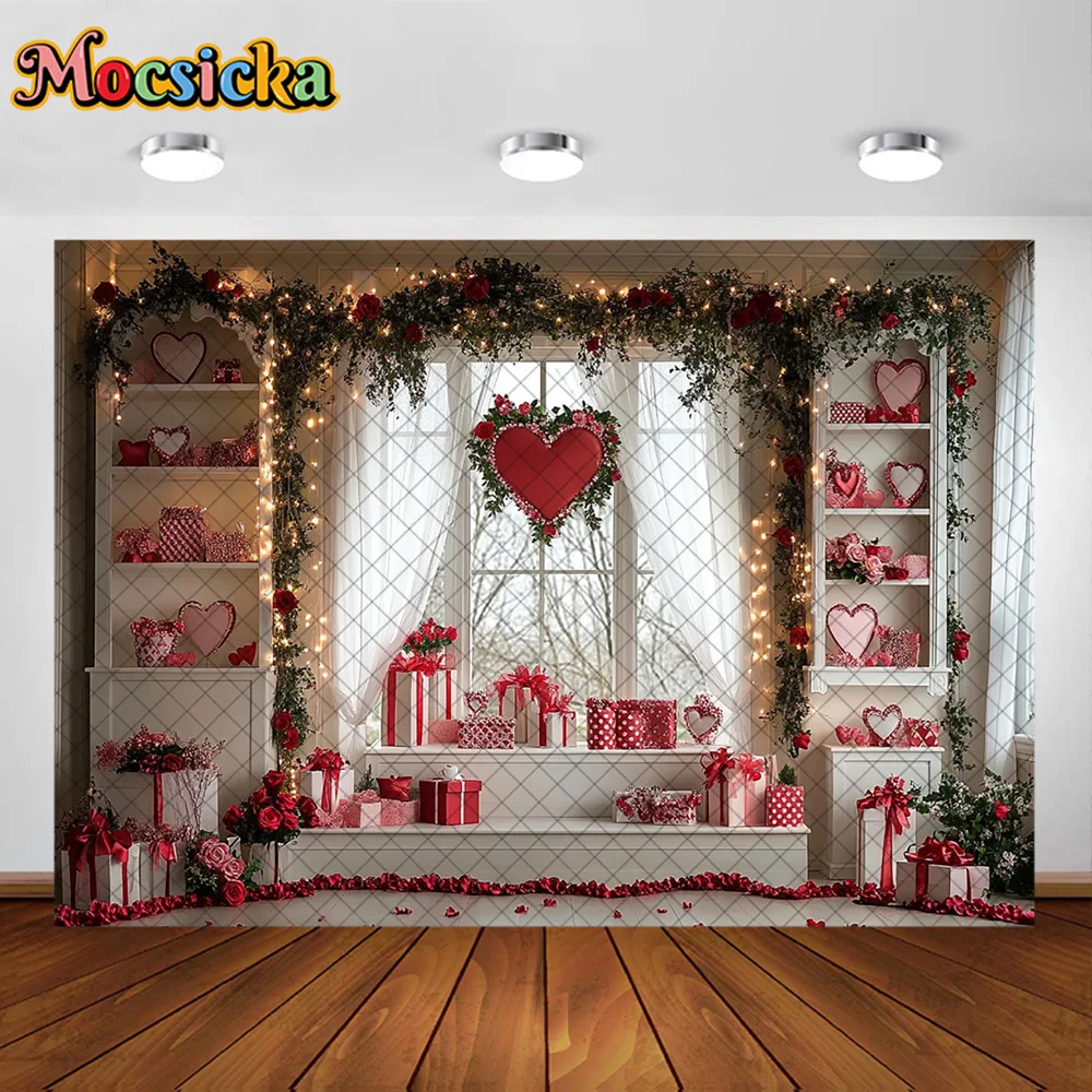 Mocsicka Photography Backdrop Red Heart Kitchen Window Decoration Children's 1st Birthday Party Backgrounds For Photographs