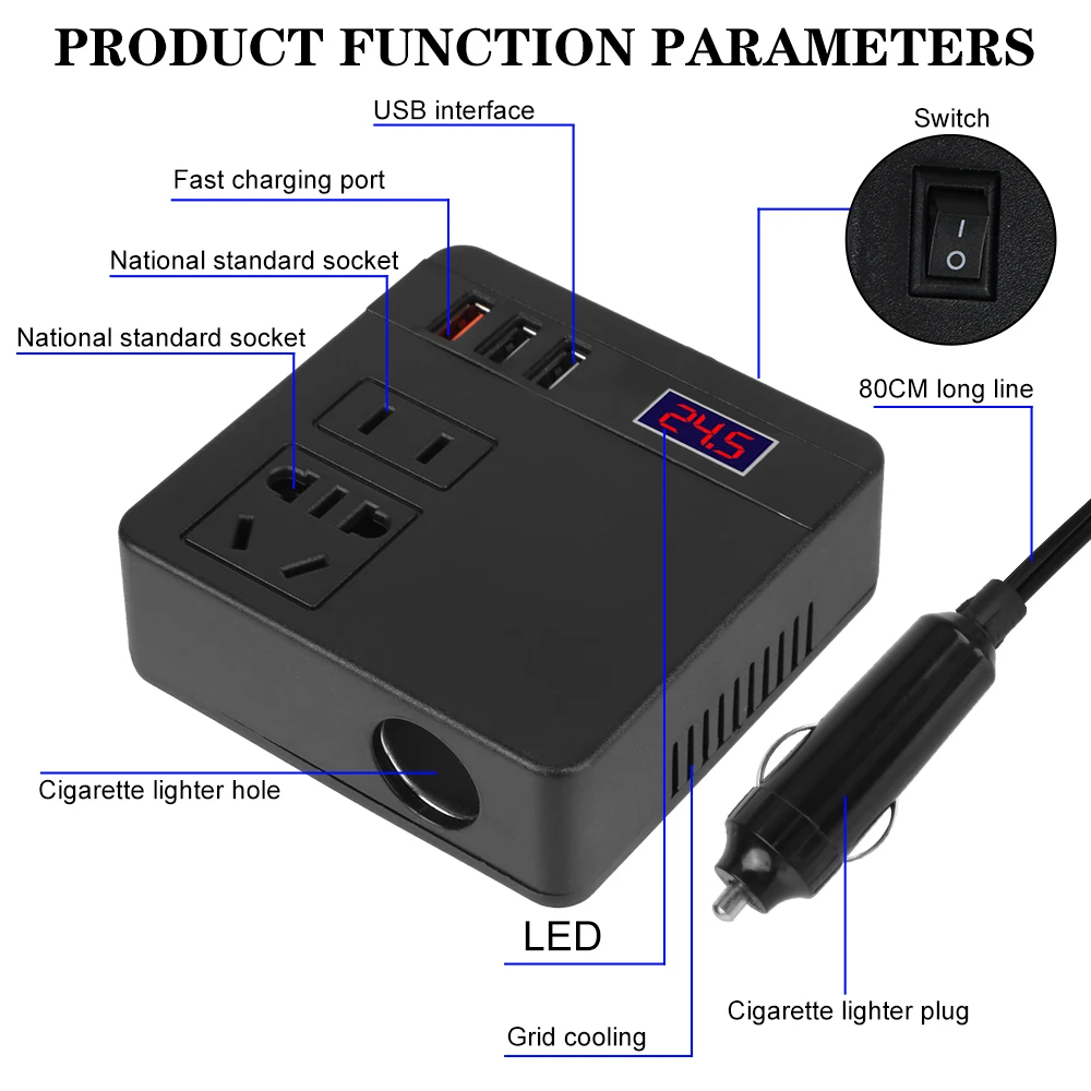 담배 라이터 범용 차량용 전원 인버터, 120W DC 12V ~ 220V 차량 장착 AC 컨버터 소켓, USB 포함