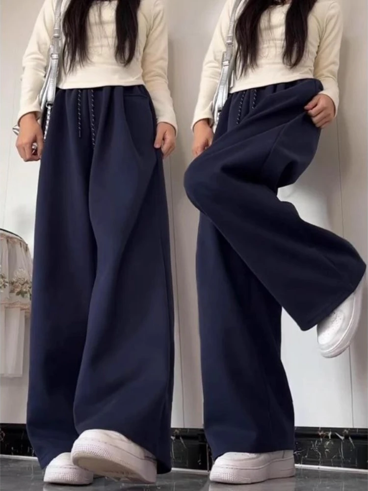 Women Navy Blue Wide Leg Joggers Spring Summer Thin High Waist Slim Fit Loose Drape Casual Sweatpants