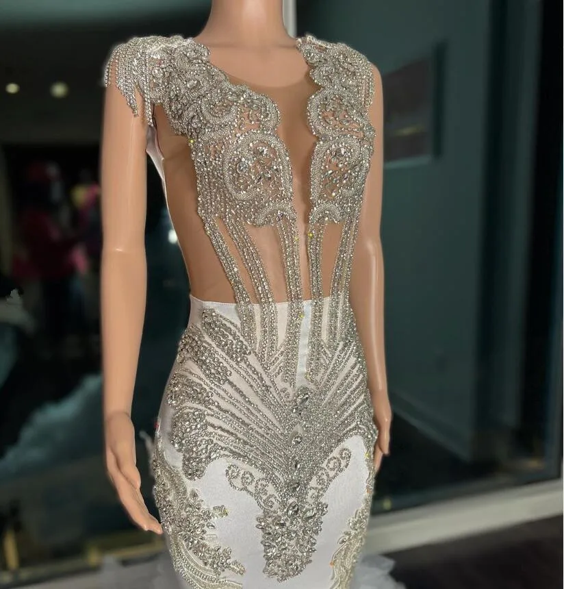 Silver Diamond Mermaid African Wedding Dress Sparkly Crystal Ruffles Tiered Skirt Train Sheer Top Bridal Gown customsized
