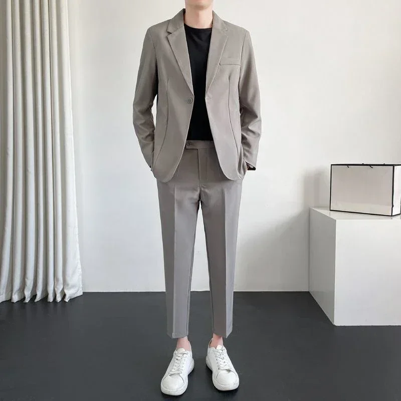 2 Piece Outfit Set Man Grey Blazer Casual Full Suit for Men Korean Spring Autumn Clothing Trends Costumes Luxury Pants Ceremony