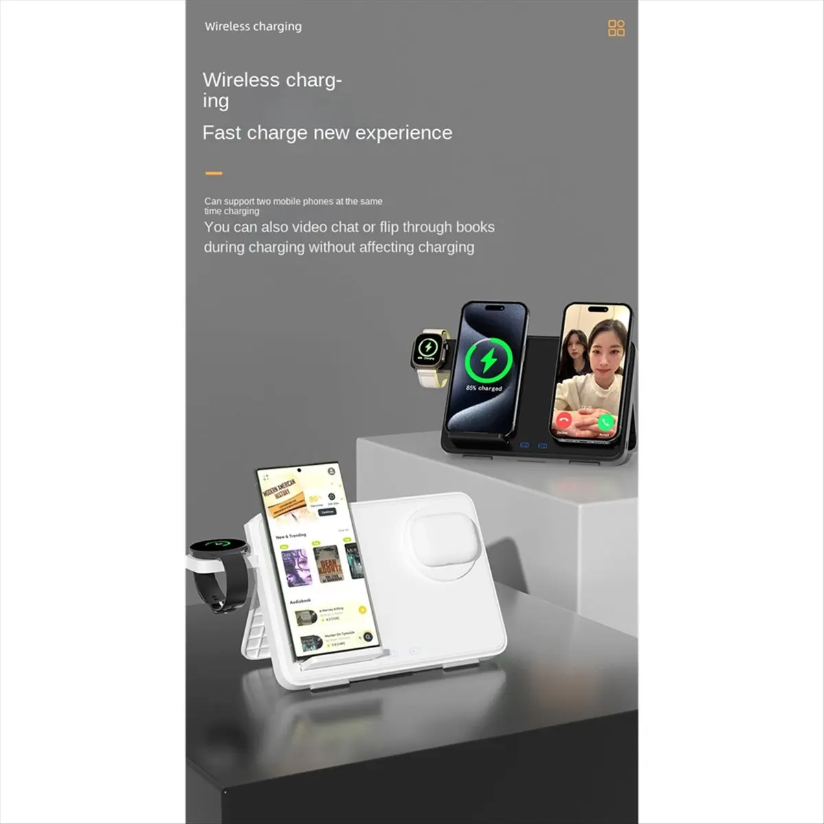 Punctual- Wireless Charging Dock with LED Night Light and Foldable Design, for Fast Charging for Apple and Samsung Watches Black