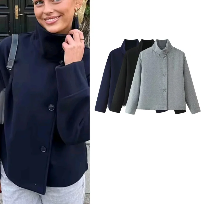 

Fall New Women's Korean Sle Loose Fit Long Sve Stand Collar Single Button ort Length Woolen Coat Commute Sle Pure Color