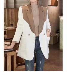 Tesco Vrouwen Blazer 2023 Mode Kantoor Lady Full Mouw Patchwork Kraag Jack Casual Dames Jas Koreaanse Stijl Bovenkleding