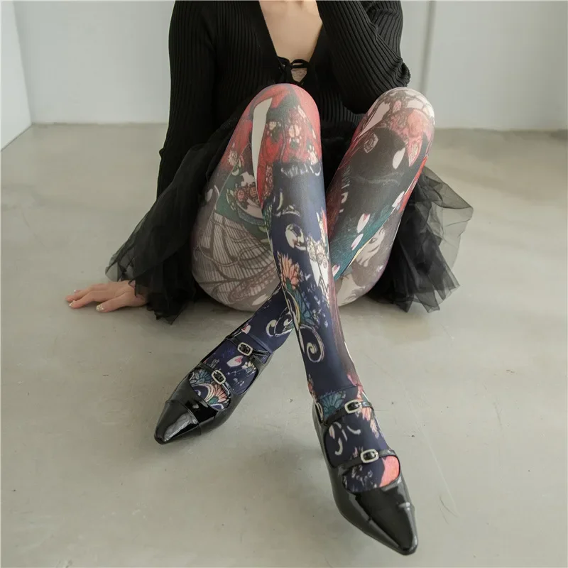 Women's Graffiti Printed Tights Butterfly Lattice Seamless Pantyhose Female Sexy Stretch Long Socks High Waist Stockings 2024