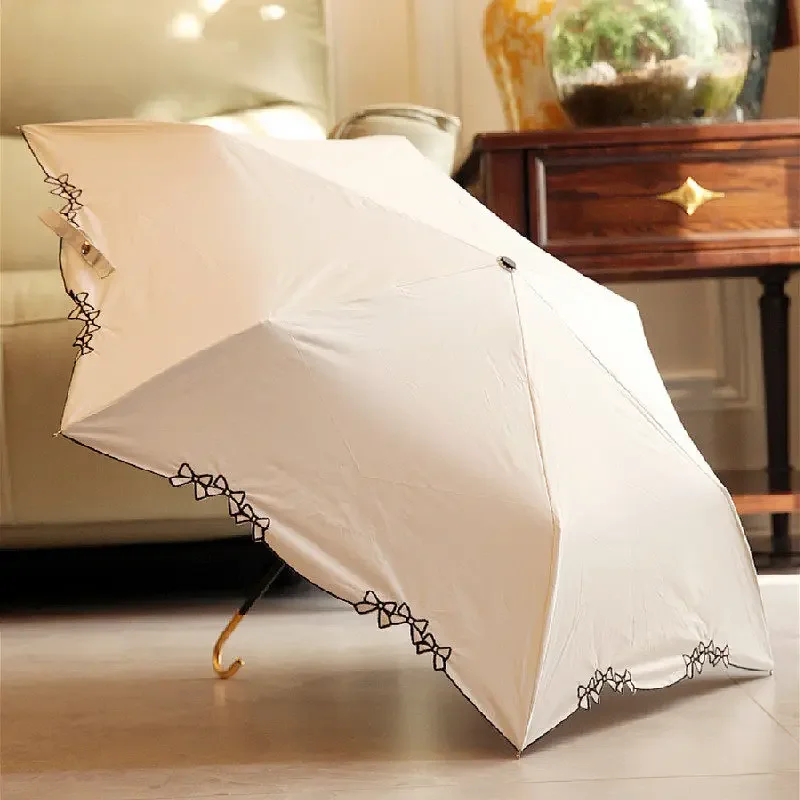 Floating feather off-white parasol opaque sunscreen rubber umbrella Lolita vintage embroidered bow sunny umbrella