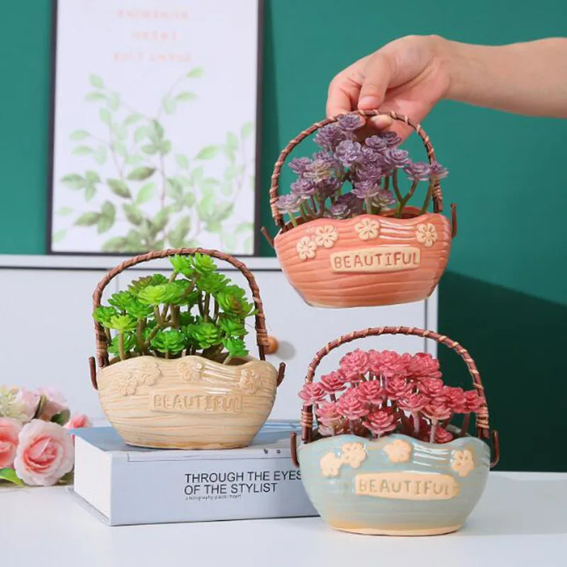 Nordic Style Portable Basket Ceramic Succulent Planter Creative Desktop Flowerpot for Home Decor
