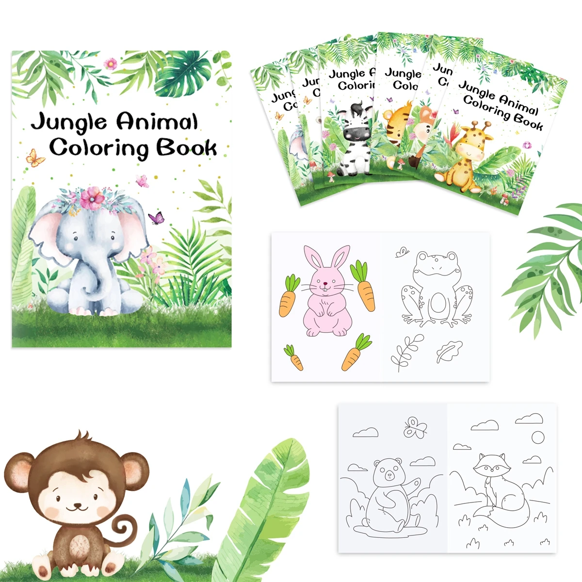 Coloring Doodle Book Jungle Animal Watercolor Painting Safari Birthday Woodland Party Decoration Kids Baby Shower Decor