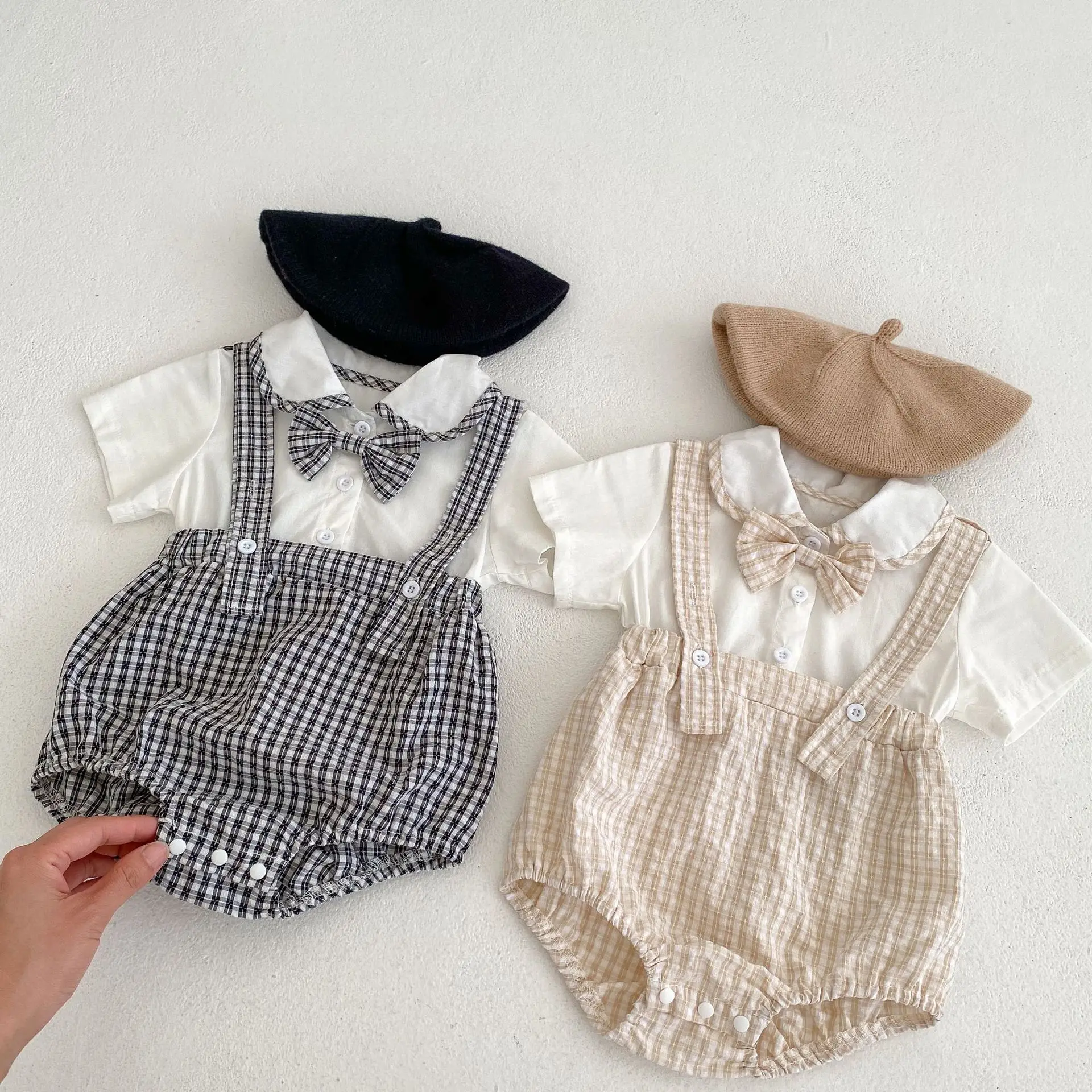 Bodysuits Summer Baby and Children One-piece Clothes Doll Neck Short Sleeved Plaid Elastic Waistband Triangle One Piece Romper