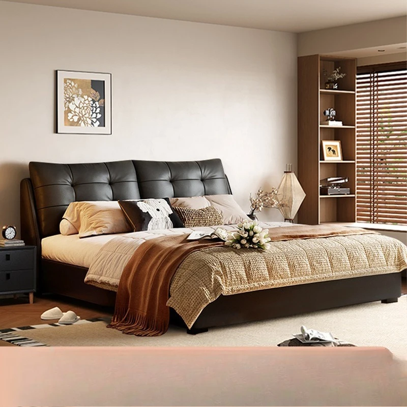 Italian minimalist floor leather bed storage high box bed light luxury household double soft bag bedroom