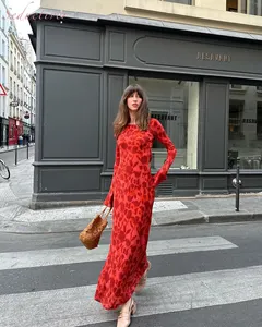 女性Oネックフレアスリーブレッドプリント100%シルクロングドレス 12ベストセールスケイトミドルトンジュエリー-9