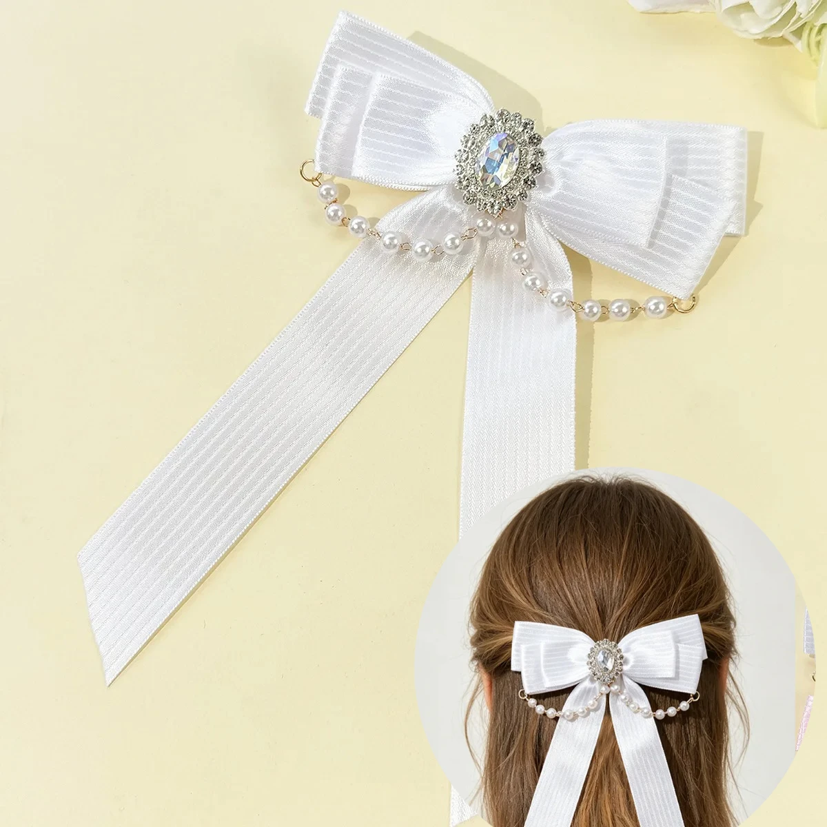 

Stylish Bow Hair Clip with Pearl Chain Striped for Women Daily Use Back of Head Top Clip Hair Accessory High Quality