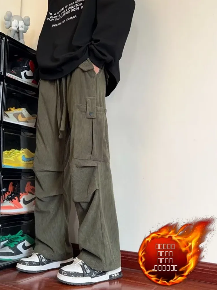 

Мужские вельветовые рабочие брюки, зимние, модные, свободного прямого кроя, утепленные, в стиле милитари, повседневные, на флисовой подкладке, стандартный крой