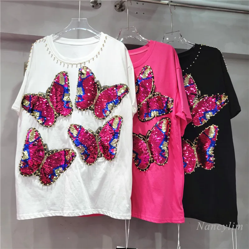 

Heavy Industry Beads Sequined Butterfly Pink T-Shirts Women's Summer Lazy and Loose Casual Chic Top Large Size Tee Outfits