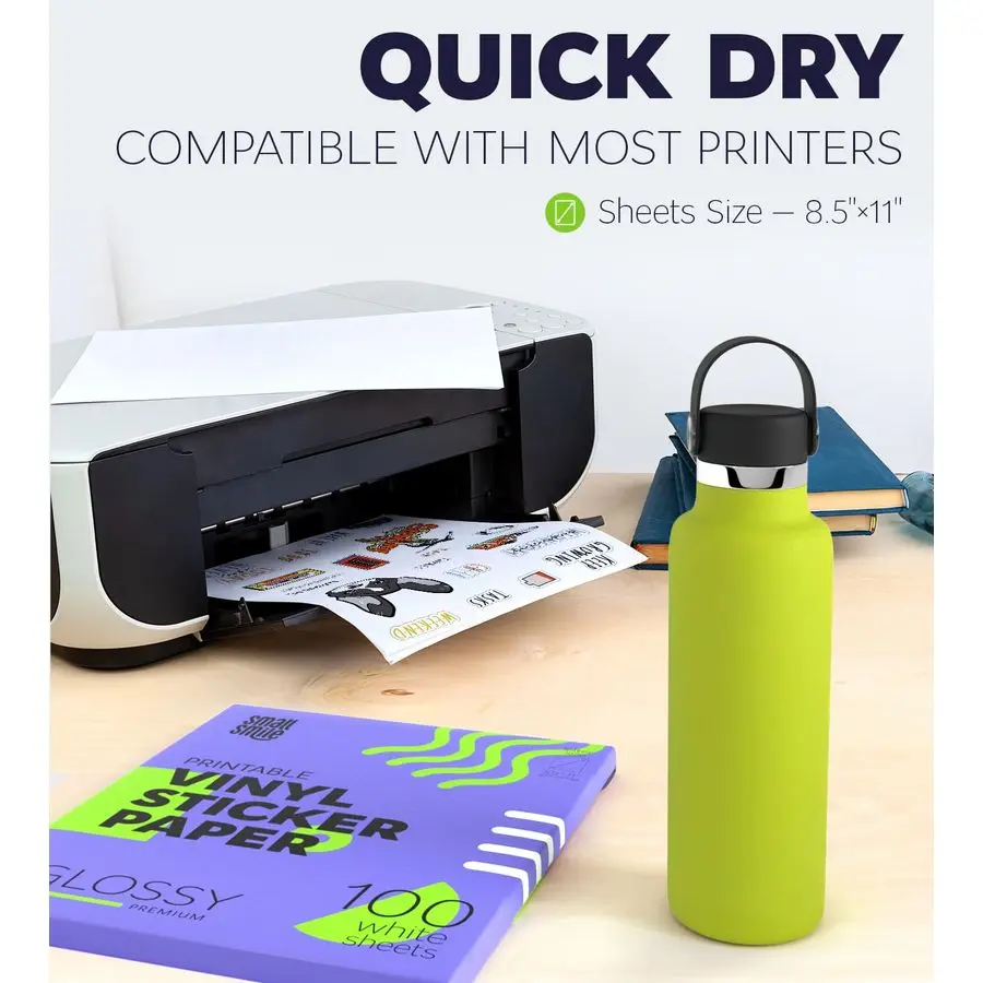 Printable Vinyl Sticker Paper for Inkjet Printer and Laser 100 White Glossy Sticker Paper Waterproof Durability Adhesive Paper 8