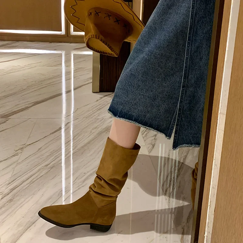 Women's Boots Mid Calf Autumn and Winter New British Retro Pointed Western Cowboy Boots Suede Pile Boot Square Heels Women Shoes