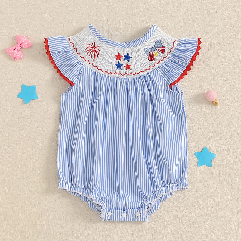 Baby Girl 4th of July Outfit Romper Short Sleeve Bubble Rompers Summer Clothes Stripes Print Embroidery Stars Bow Bodysuit Tops