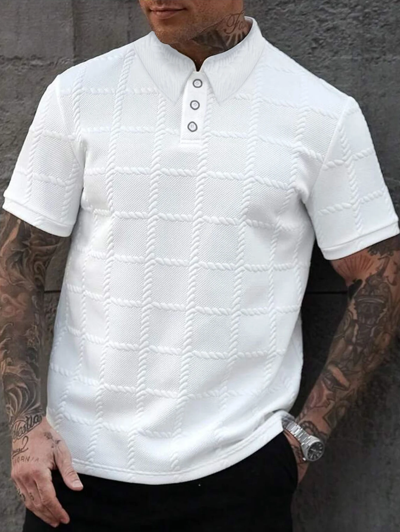 Herren-Sommer-Trend-Kurzarm-T-Shirt, lässig, modisch, Revershemd, täglich, stilvoll, Jacquard, kleines Karomuster