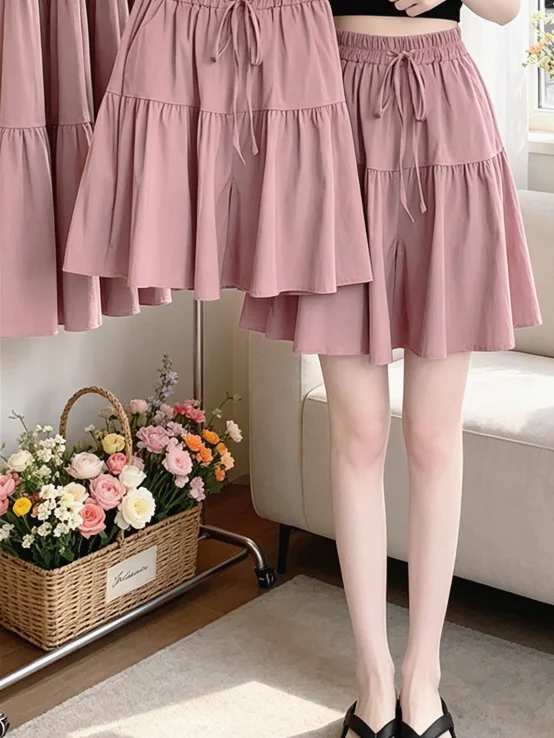 High Waist plus Size Five-Point Pants Loose Fit Breathable Thin A-Line Skirt Pants Casual Elegant Style Polyester Fiber