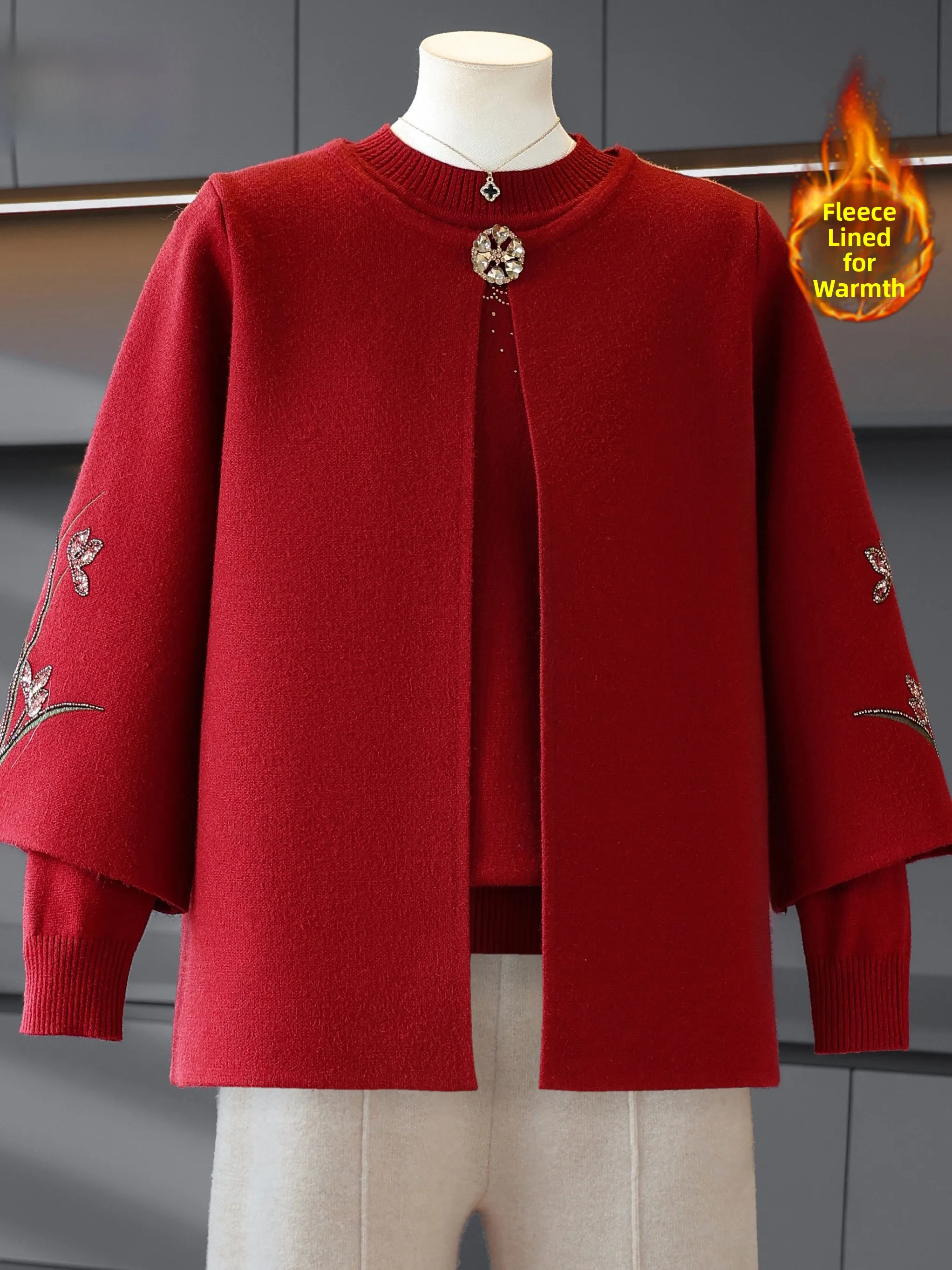 

Осенне-зимний вязаный кардиган для женщин среднего возраста и ly Fce на подкладке, теплый модный свитер с вышивкой и для мамы, два...