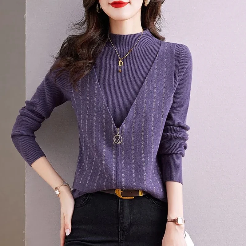 

Half-High-Necked Fake Two Autumn And Winter Bottoming Shirts Women New slim Knit Long-Sleeved Fashion Comfortable Casual Tops