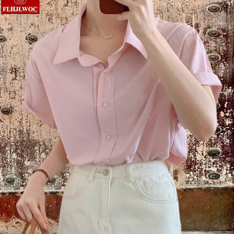 

5 Colors New French Cotton Tops Blouses Cute Girls Office Lady Basics Short Sleeve Chic Korea Single-Breasted Button Shirts