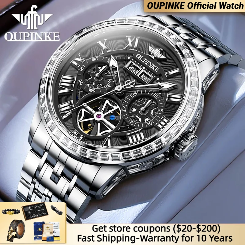 

OUPINKE Brand 3252 Full Diamond Watch Men Hollow out Classic Roman Scale Dual Calendar Display High-end Men's Business Watches