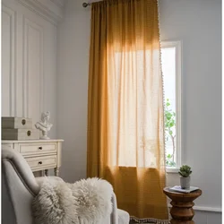 PP1029Yellow grid finished curtains tassl lace semi-blackout polyester-cotton curtain fabric foreign trade kitchen short curtain