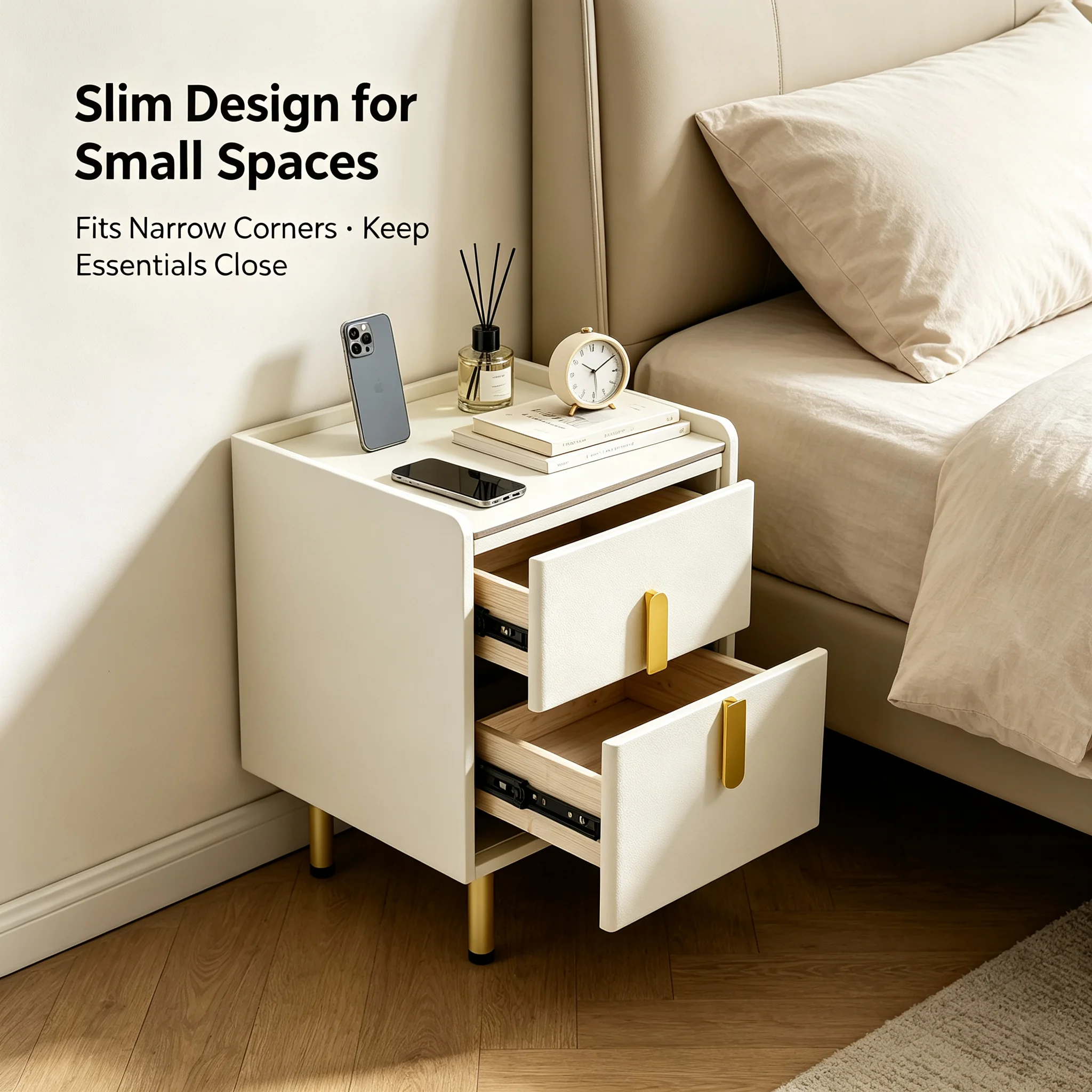 Wąski stolik nocny z 2 szuflad – Desk Setup White recenzja i cena