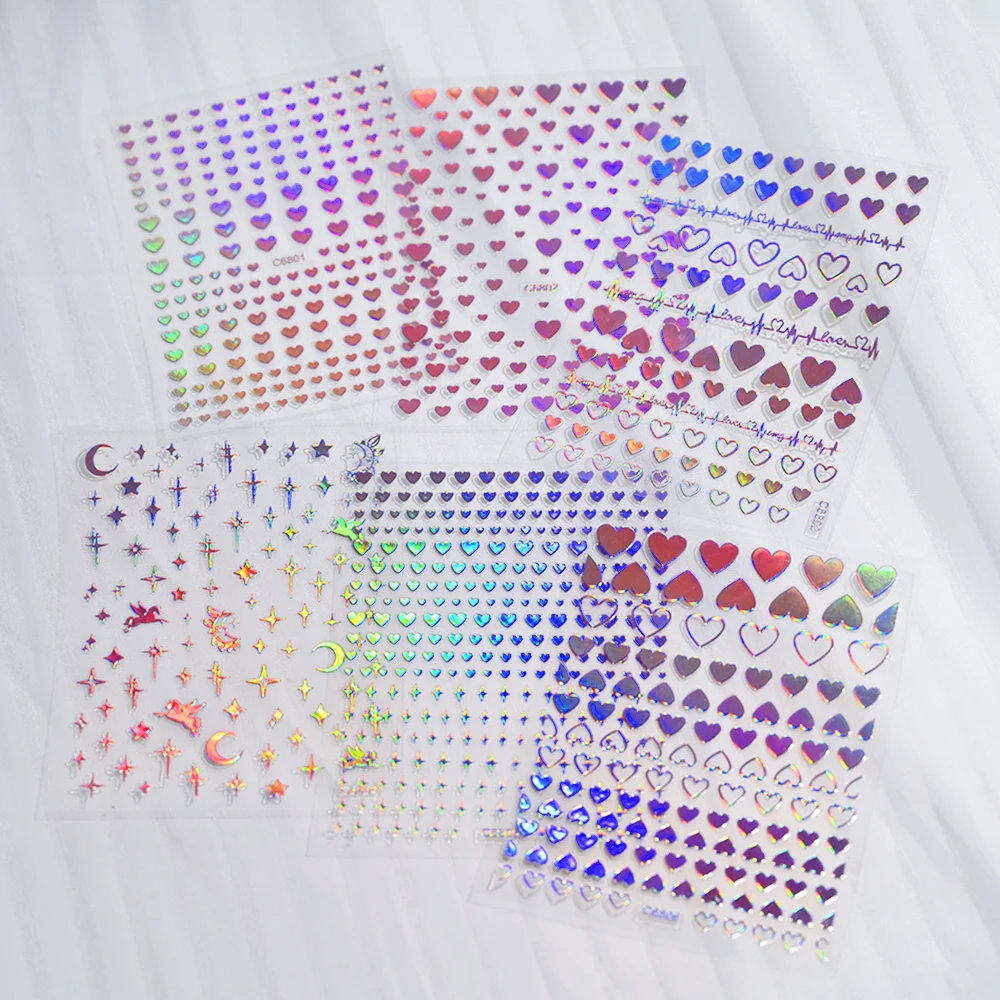 6 Sheets 3D Laser Holographic Love Heart Nail Stickers Cute Rainbow Star/Moon Nail Art Decal Self-Adhesive 8-10cm Kawaii Nail Lo