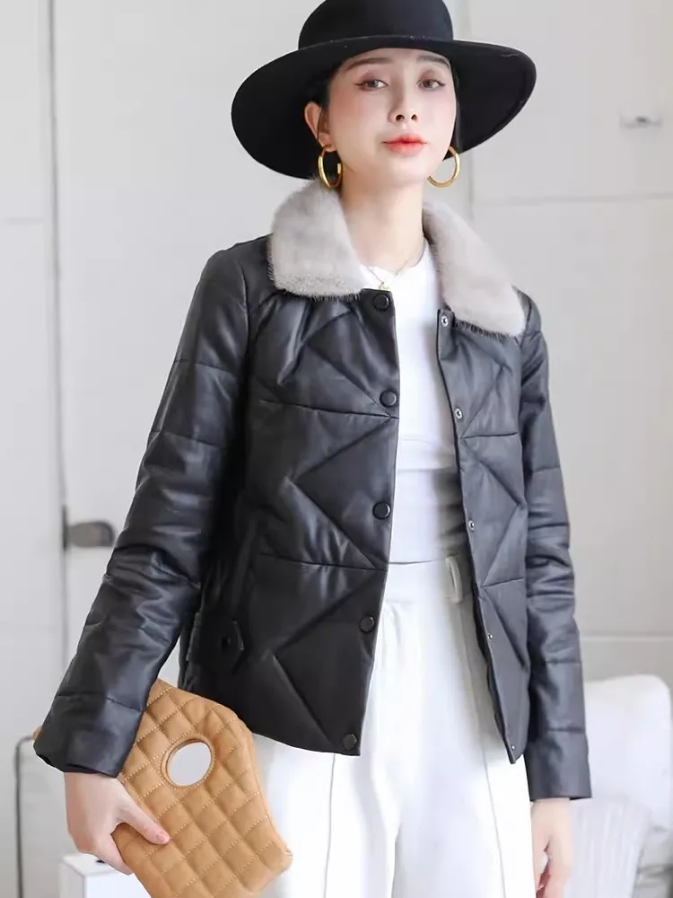 Winter Fashion Mink Collar Slim Fit Women Genuine Leather Down Coat Single Breasted Office Ladies Casual Sheepskin Short Jacket