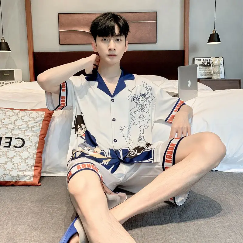 New Detective Conan anime cartoon pattern boys short sleeve pajamas creative personality cardigan loungewear three-piece gift view 6