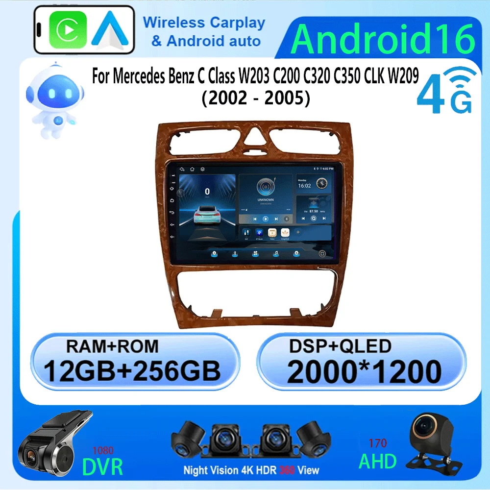 Car Radio Android 16 For Mercedes Benz C Class W203 C200 C320 C350 CLK W209 2002 - 2005 Car Stereo Multimedia Player NO DVD